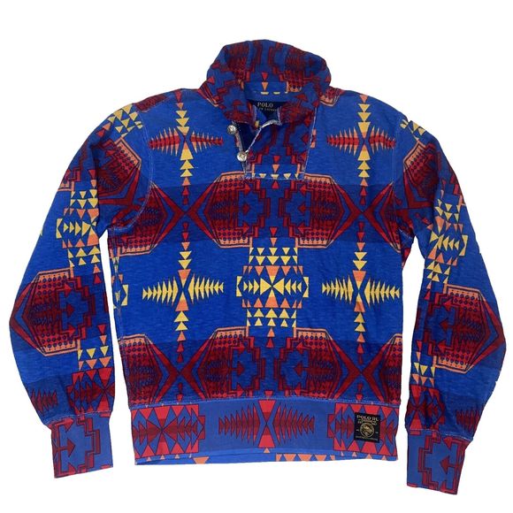 Ralph Lauren Polo Blue Red Aztec Shawl Sweater Snow Beach Stadium Size Medium - Picture 5 of 13